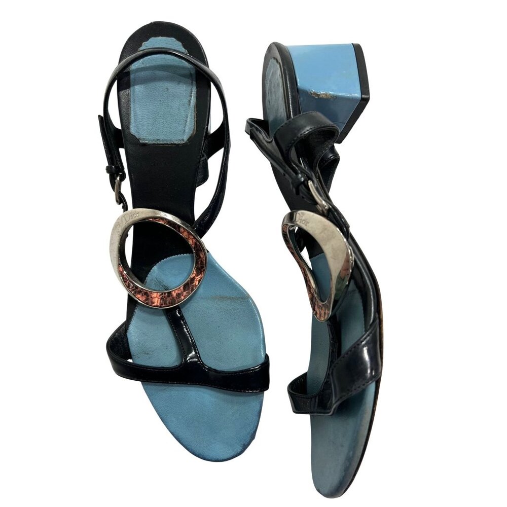 Dior Block Heel Leather Sandals with Python Medallion Detail in Blue Black